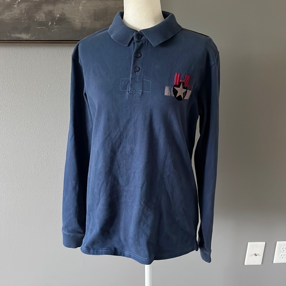 Harley Davidson Knit Collared Long Sleeve Shirt Blue “Born To Ride”